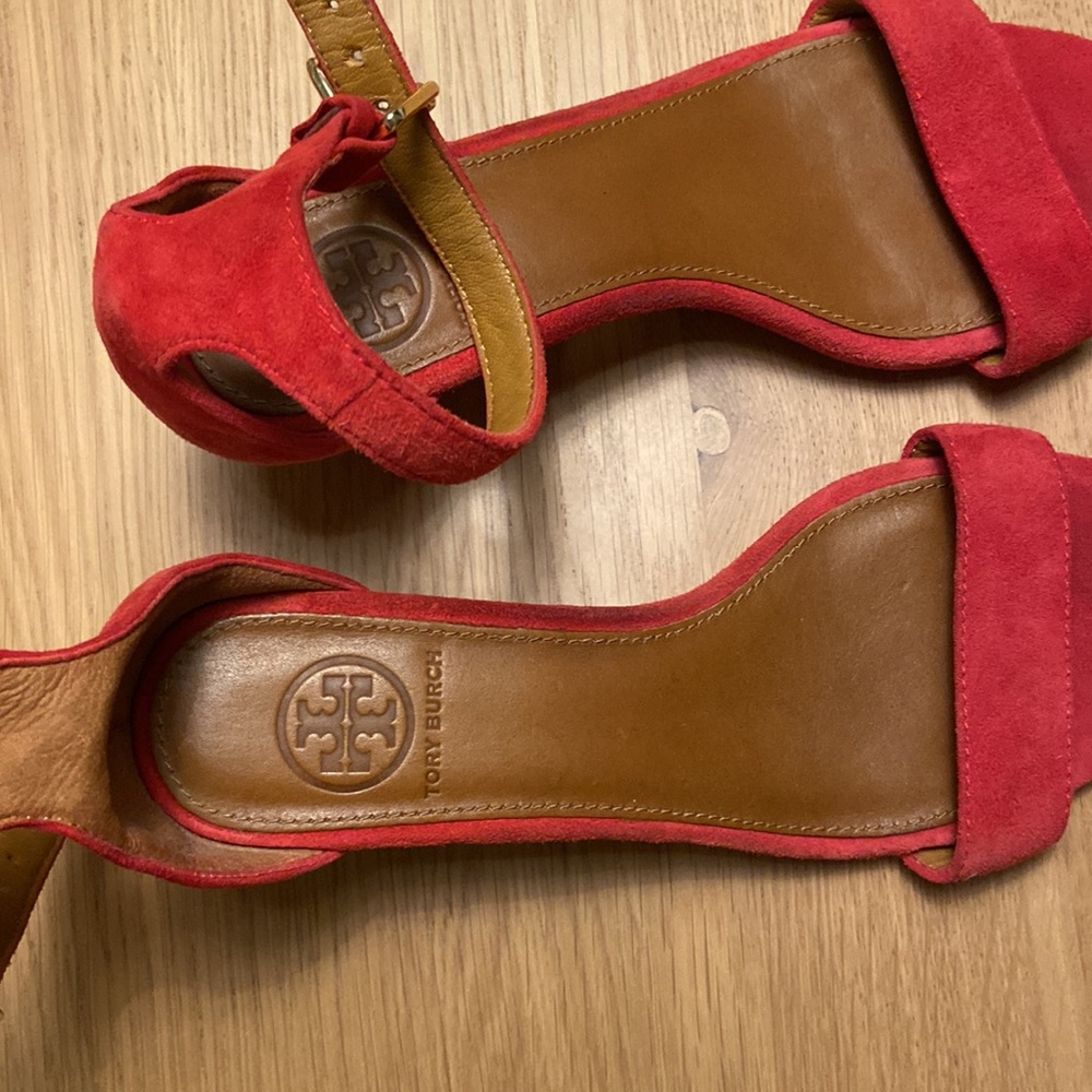 Tory Burch Red Suede Ankle-Strap Cork Wedge Sandal - Picture 5 of 8